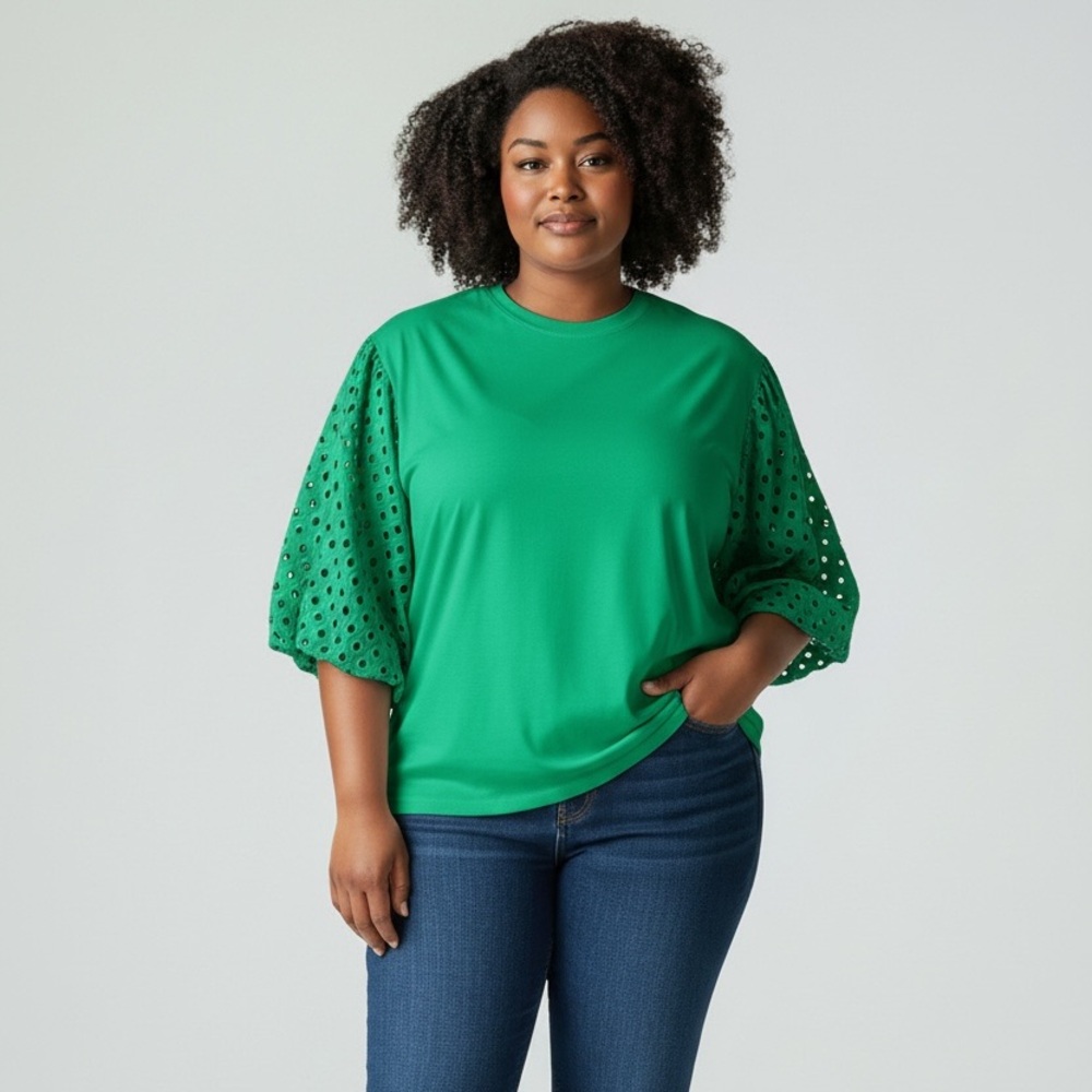 Gibson Latimer Green Eyelet Sleeve Knit Top